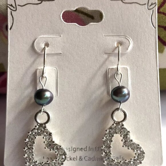 Black Tahitian Pearl Heart Earrings Silver Plated Crystal Dangle Bridal Love - Picture 6 of 11